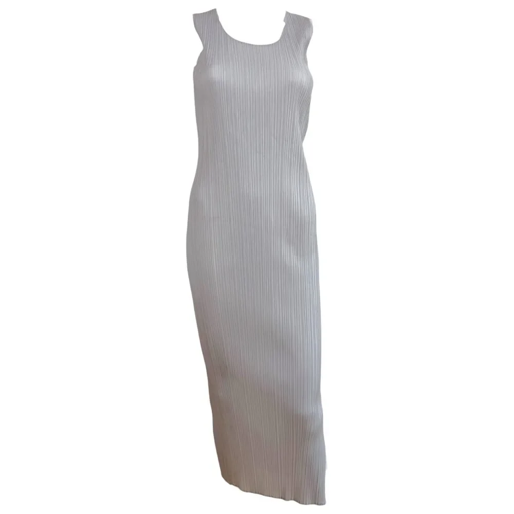 Issey Miyake Pleats Please Light Gray Pleated Maxi Dress Sz 2